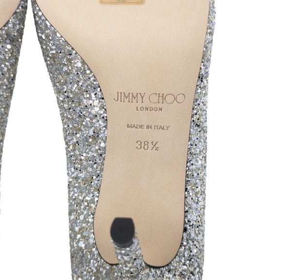 NIB Jimmy Choo Saresa 85 Coarse Glitter Pumps Champagne Silver Size EU 38.5 - Picture 11 of 16